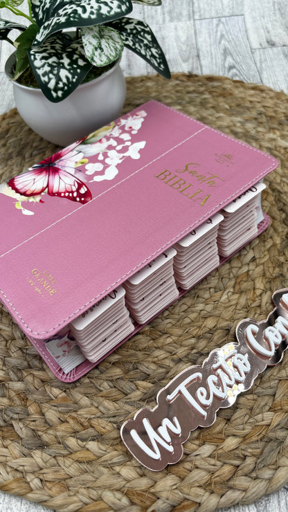 BIBLIA  PORTATIL DISEÑO MARIPOSAS LETRA  GRANDE 12 PUNTOS COLOR  ROSA